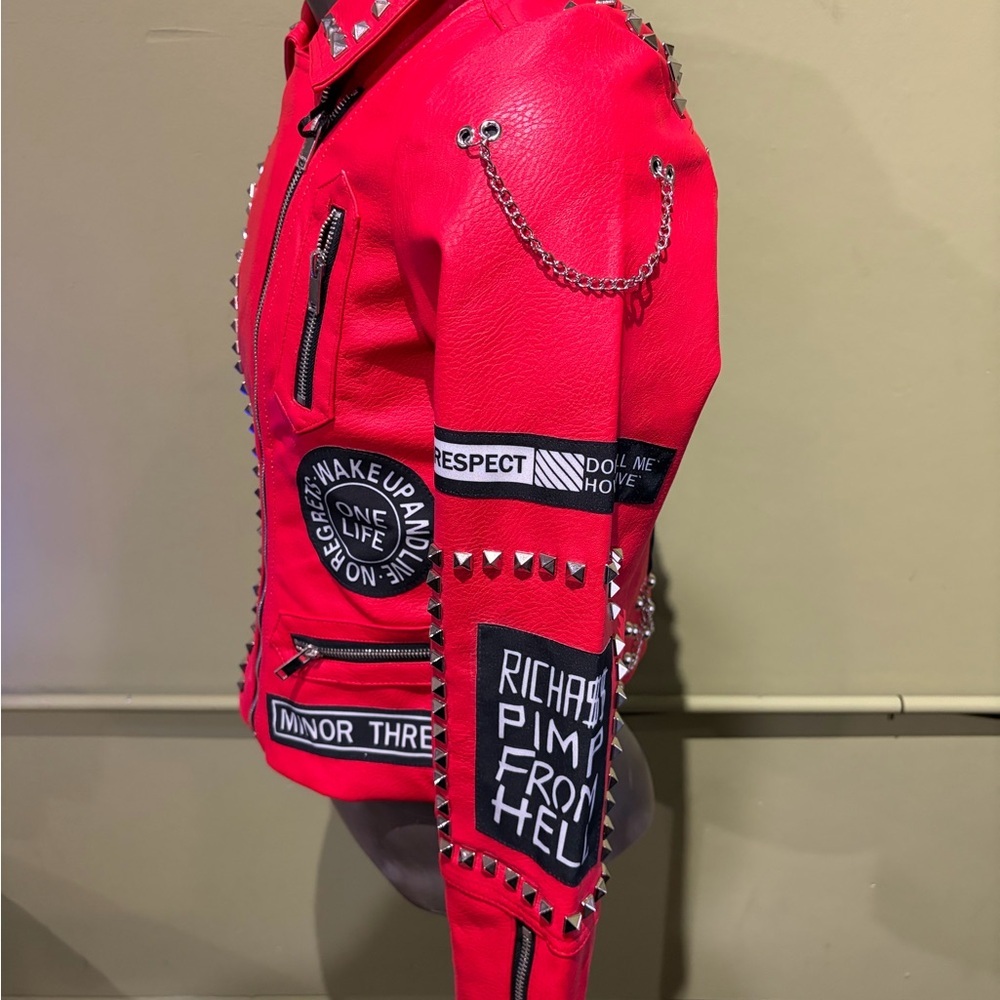 Robert Phillipe women Red Studded Biker Jacket with Patches vegan leather - Picture 3 of 5